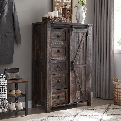 SinCiDo Farmhouse Modern 5 Drawer Tall Dresser w/Sliding Barn Door, Storage Organizer Dresser for Bedroom, Living Room & Kids Room