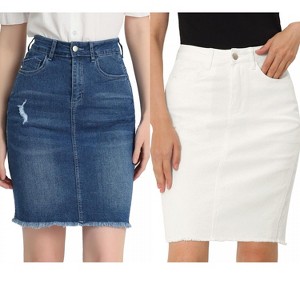 INSPIRE CHIC Women's Basic Distressed High Waist Ripped Hem Washed Jeans Skirt 2 Packs - 1 of 4