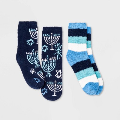 Kids' 2pk Hanukkah Cozy Crew Socks - Wondershop™ Navy Blue XS/S