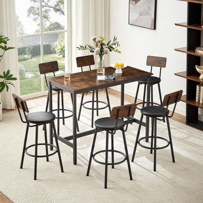 Oversart Pub High Dining Table 7 Piece Set, Industrial Style Pub Table, 6 PU Leather Bar Chairs for Kitchen Breakfast Table