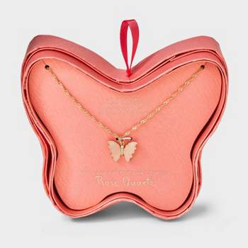 14K Gold Dipped Rose Quartz Cubic Zirconia Butterfly Pendant Necklace - A New Day™ Gold