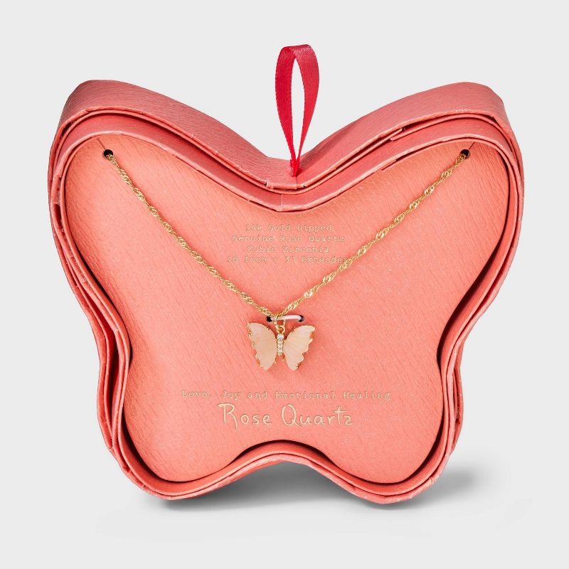 14K Gold Dipped Rose Quartz Cubic Zirconia Butterfly Pendant Necklace - A New Day&#8482; Gold, 1 of 6