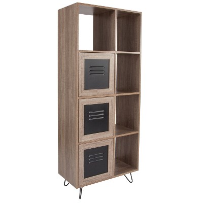 Flash Furniture Woodridge Collection 63"H 5 Cube Storage Organizer Bookcase with Metal Cabinet Doors in Rustic Wood Grain Finish