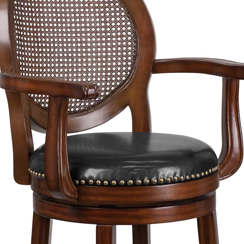Merrick Lane 30" Swivel Bar Stool with Oval Rattan Back, Arms and Black Faux Leather Upholstered Swivel Seat in Espresso, 5 of 10
