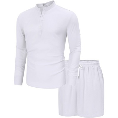 Men's 2 Piece sets beach outfits Summer casual Linen Sets Henley Shirts and Shorts