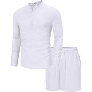Men's 2 Piece sets beach outfits Summer casual Linen Sets Henley Shirts and Shorts - 1 of 4
