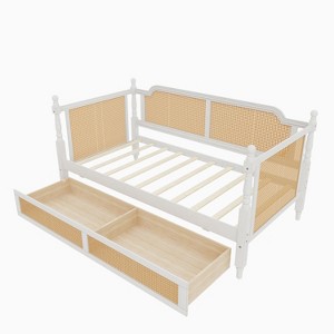 Gulches Twin Size Traditional Rattan Daybed with 2 Drawers Antique White Solid Pine Wood French Provincial Style No Box Spring Needed for Guest Room - 1 of 4