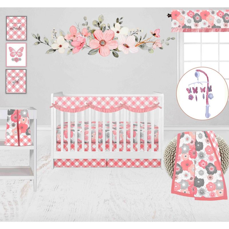 Bacati - Watercolor Floral Coral Gray 10 pc Girls Baby Crib Bedding Set with Long Rail Guard Cover 100% cotton fabrics, 4 of 12