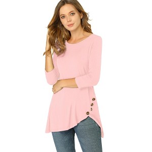 Allegra K Women's 3/4 Sleeve Round Neck Button Decor Casual Stretchy Tunic Tops - 1 of 4
