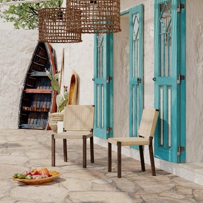 Dining Chairs Set of 2, Armless Solid Wood Chairs with Woven Rattan Backrest Champagne Finish for Indoor Outdoor Patio or Kitchen-Maison Boucle