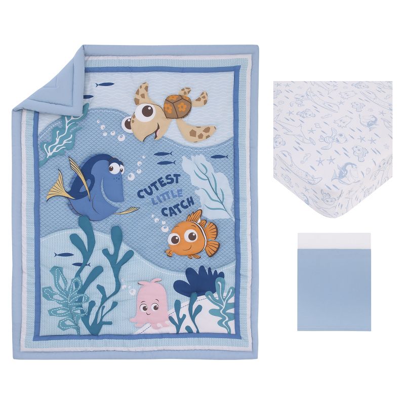 Disney Finding Nemo Cutest Little Catch Light Blue, Orange, and Navy 3 Piece Nursery Crib Bedding Set - Comforter, Fitted Crib Sheet, and Crib Skirt, 5 of 8