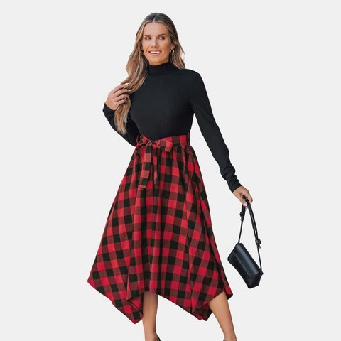 Женские платья Cupshe Women's Black Mockneck Top Plaid Handkerchief Hem Skirt Midi Dress-M-Red