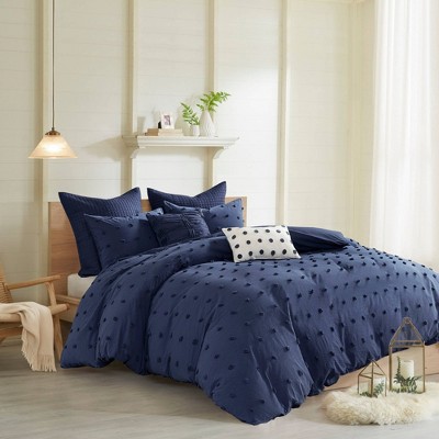 Indigo Blue Cotton Jacquard Full/Queen Duvet Cover Set with Shams and Pillows