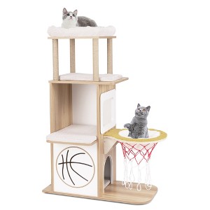 Tangkula 47" Wooden Cat Tree w/ 2-Story Cat Condo 2 Perches Basketball Hoop Hammock - 1 of 4