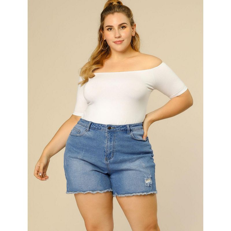 Agnes Orinda Women's Plus Size Denim High Waisted Raw Hem Stretched Distressed Lounge Jean Shorts, 4 of 8