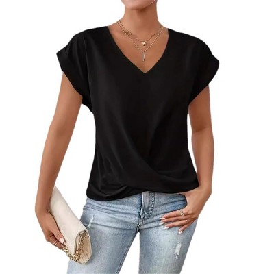 Womens Cap Sleeve Tee Shirt Twist Hem Tops V Neck Summer Causal T-Shirts