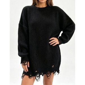 oversized black sweater dress Women Long Sleeve Distressed Frayed Hem Chunky Knit Tunic Dress, Black, M : Target Fruit Theme Birthday Dress