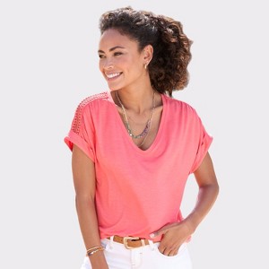 Women's Crochet Insert V-Neck Top - LASCANA - 1 of 4