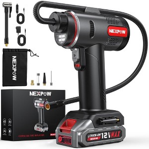 NEXPOW Tire Inflator Portable Air Compressor, 160PSI Car Tire Pump, Rechargeable Battery Powered 12V DC Adapter, Digital Pressure Gauge - 1 of 4