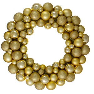 Northlight 3-Finish Shatterproof Ball Christmas Wreath - 24" - Vegas Gold - Unlit - 1 of 4