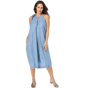 Jessica London Women's Plus Size Denim Tie-Neck Dress - 1 of 4