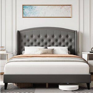 Bed Frame with Headboard – Upholstered Velvet Platform Bed, Rivet Button Tufted, Heavy Duty, No Box Spring - 1 of 4