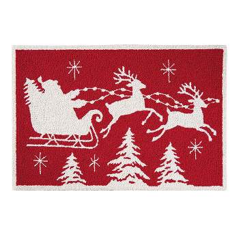C&F Home Santa Sleigh with Reindeer Flying Over Tree Tops Red And White Christmas Holiday Themed Wool Hooked Indoor Accent Rug, 2 x 3 ft.