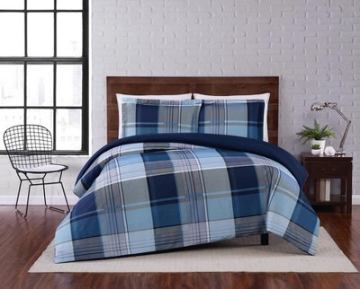 Twin XL Blue and Gray Plaid Microfiber Duvet Set