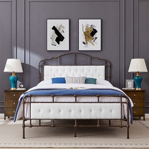 Metal Queen Size Bed Frame With Upholstered Headboard And Footboard, Heavy Duty Metal Slats Supports, No Noise, No Box Spring Needed, Easy Assembly - 1 of 4