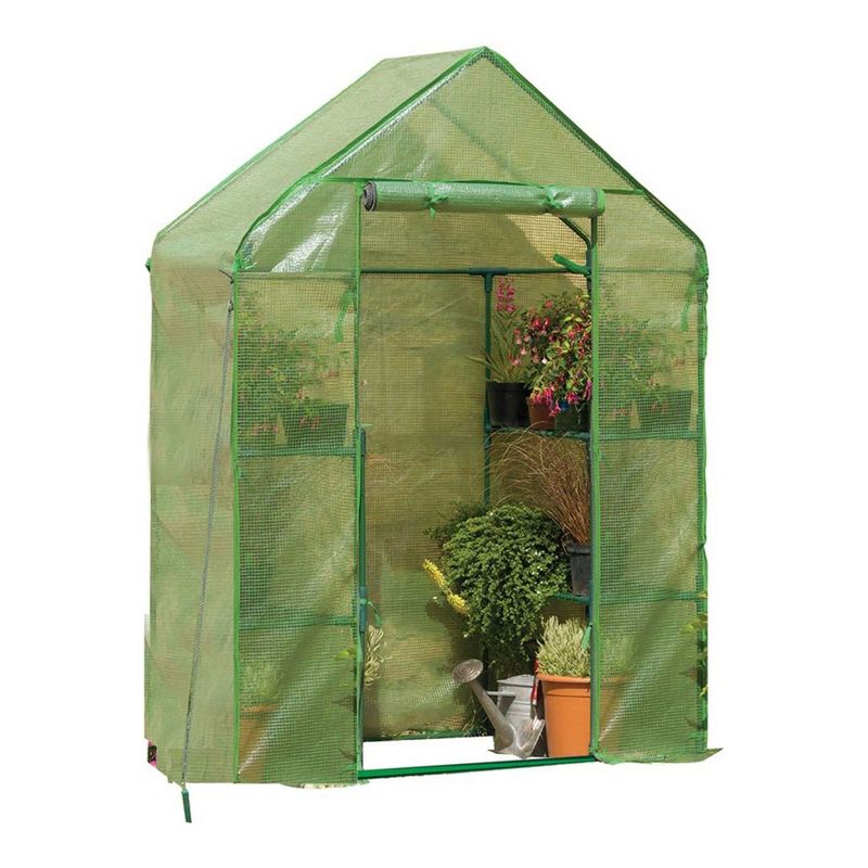 Gardman Walk In Greenhouse with 2 Tier Shelving Unit, Strong Push Fit Tubular Steel Frame, and Zippered Door for Patio, Lawn, and Garden Use, Green, 1 of 7