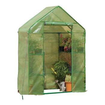 Gardman Walk In Greenhouse with 2 Tier Shelving Unit, Strong Push Fit Tubular Steel Frame, and Zippered Door for Patio, Lawn, and Garden Use, Green