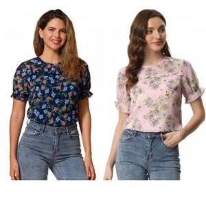 INSPIRE CHIC Women's Chiffon Short Sleeve Ruffled Trim Floral Blouse 2 Packs - 1 of 4