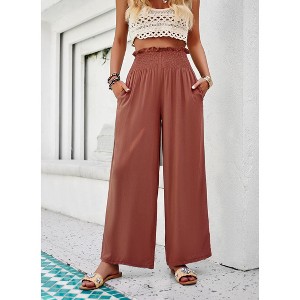 Women Summer Elastic High Waisted Cotton Linen Palazzo Pants Wide Leg Long Lounge Pant Trousers with Pocket - 1 of 4