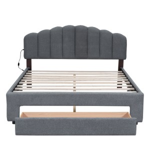 Gray Teddy Fleece Queen Size Upholstered Platform Bed Featuring a Drawer - 1 of 4