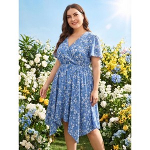 Clearlove Plus Size Summer Wedding Guest Midi Dress for Curvy Women, V Neck  Short Sleeve Waist A Line Floral Dress - Blue,L : Target