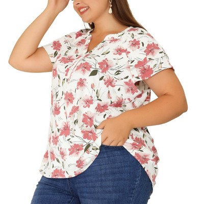 Agnes Orinda Women's Plus Size Floral Ruffle Trim V Neck Button Layered Sleeve Blouses
