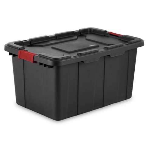 Sterilite 27 Gal Industrial Tote, Stackable Storage Bin With Latching Lid,  Plastic Container With Heavy Duty Latches, Black Base And Lid, 12-pack :  Target