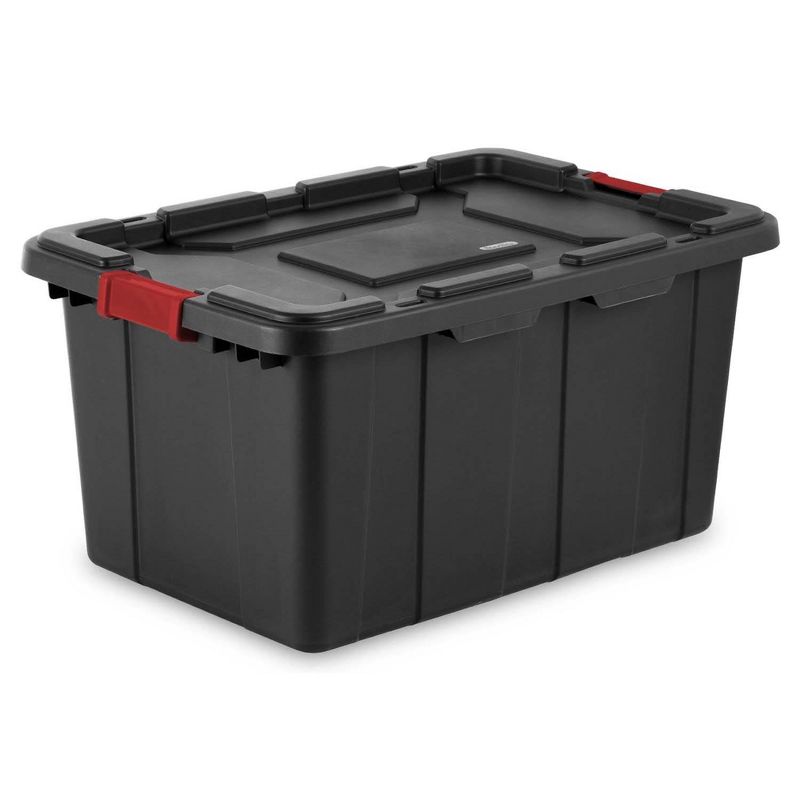 Sterilite 27-Gallon Large Stackable Rugged Storage Tote Container with Red Latching Clip Lid for Garage, Attic, Worksite, or Camping, Black, 1 of 6