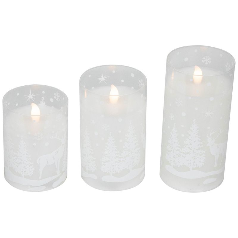 Northlight Set of 3 Snowy Woodland Flameless LED Flickering Glass Christmas Pillar Candles 6", 4 of 8