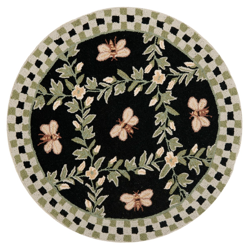  Round Floral Hooked Accent Rug Black