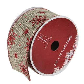 Northlight Club Pack of 12 Red Snowflake and Beige Burlap Wired Christmas Craft Ribbon Spools - 2.5" x 10 Yards Total
