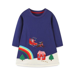 MyKids-Usa Girls’ Navy Blue Christmas Cartoon Pattern Embroidery Dress - 1 of 4