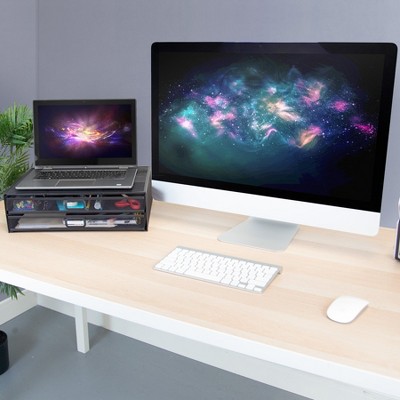 Black Metal Mesh Monitor Stand with Two Drawers