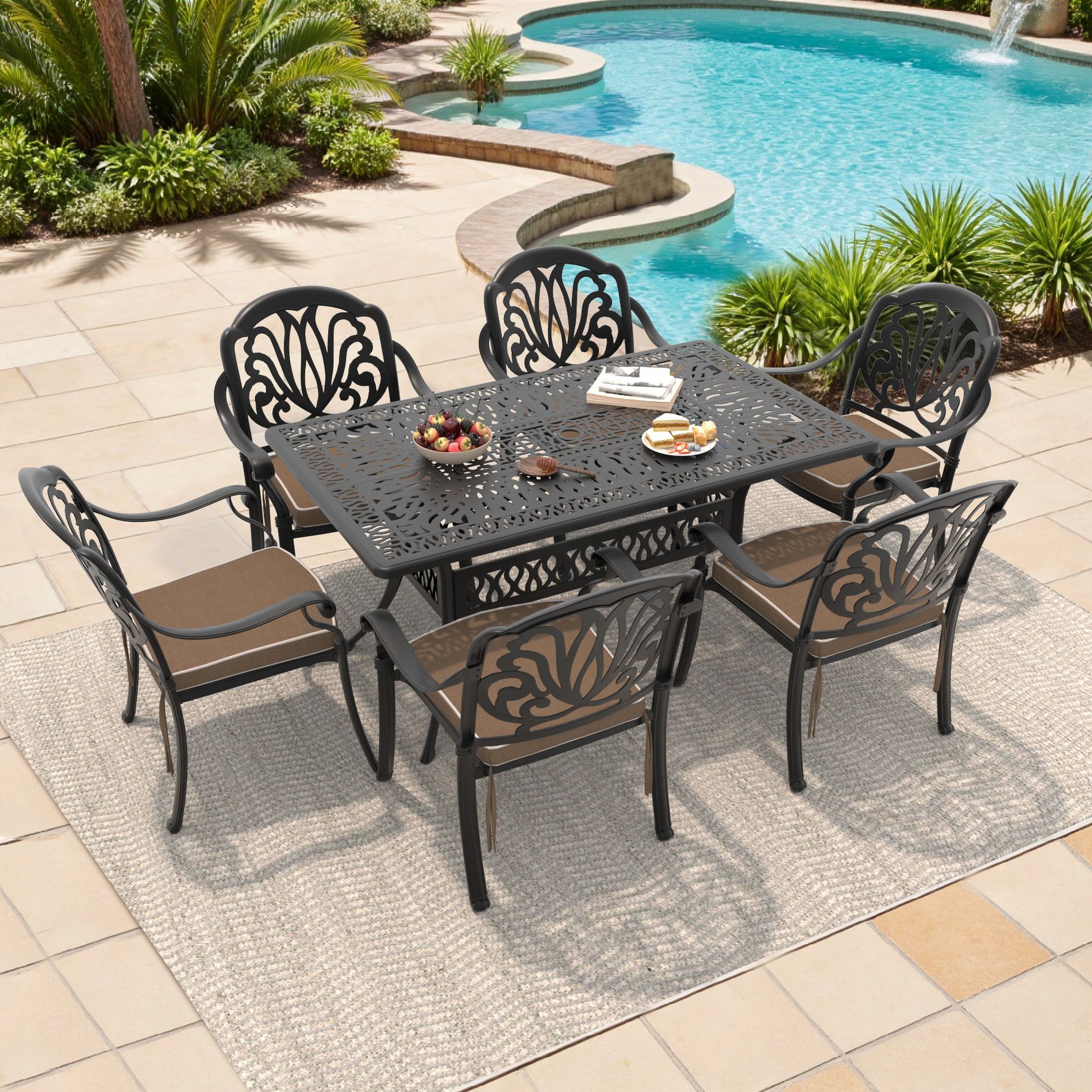 7-Piece Cast Aluminum Patio Set - Heavy Duty Rust-Proof Outdoor Dining Table & Chairs with Brown Cushions, Umbrella Hole for Backyard, Poolside