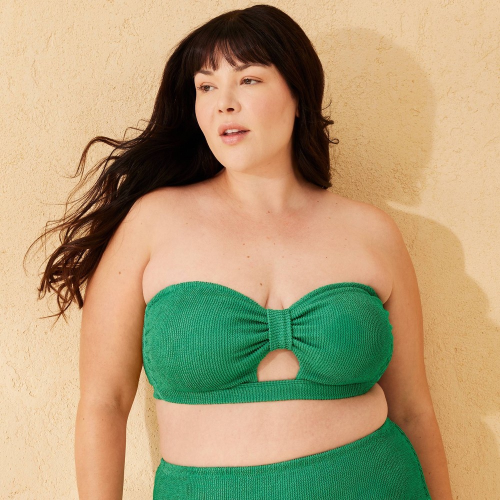 Photos - Swimwear Women's Pucker Textured Tab-Front Bandeau Bikini Top - Shade & Shore™ Emerald Green 1X