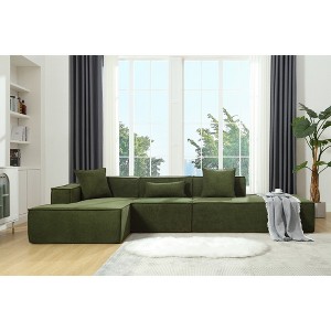 129.5'' Terrycloth L-Shaped Modular Sofa, Italian Minimalist Tofu Block Design, Left-Hand Facing, Free Installation with 2 Pillows - 1 of 4