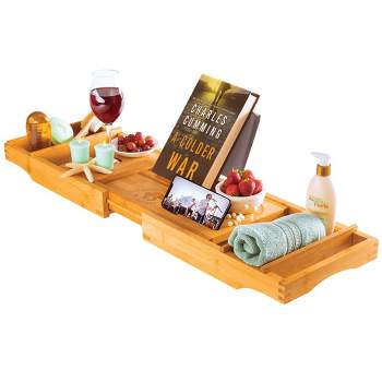Luxury Bamboo Bathtub Tray Caddy - Expandable and Nonslip Bath Caddy with Book/Tablet and Wine Glass Holder - Best Gift for Him or Her