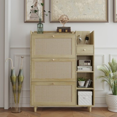 ALEXOUN Shoe Rack Cabinet with 3 Rattan Flip Drawers & 3 Shelves Entryway Organizer for Hallway,Entryway,Small Spaces