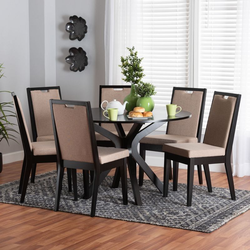 Baxton Studio Eira Modern Sand Fabric and Dark Brown Finished Wood 7-Piece Dining Set, 1 of 10