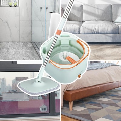 Green Spin Mop and Bucket with Microfiber Pads
